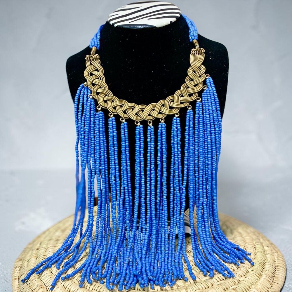 Handmade Kenyan Maasai Fringe Necklace Blue Bead Brass Bronze Bib Statement NEW